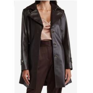Via Spiga Chocolate Brown Vegan Leather Trench Coat Size Medium Belted Classic